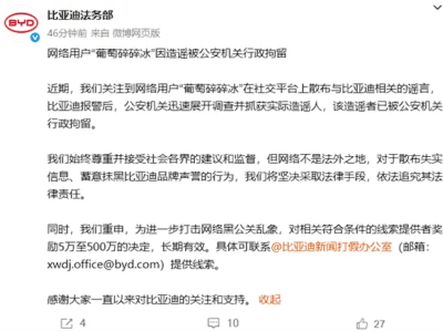 比亚迪法务部出手，造谣海鸥充电爆炸网民遭行拘