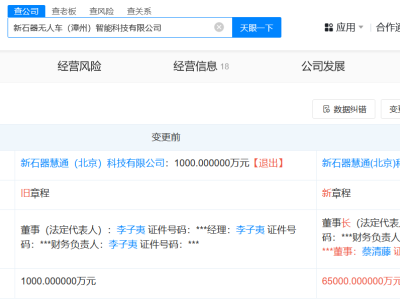 新石器无人车旗下智能科技公司增资至6.5亿 增幅6400%