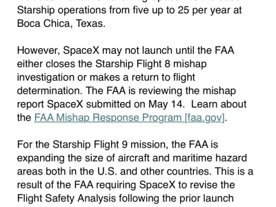 FAA修订SpaceX星舰第九次试飞许可，但IFT-8事故调查成关键