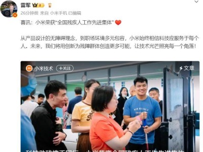 小米获全国残疾人工作殊荣，雷军：科技之光照亮每个角落