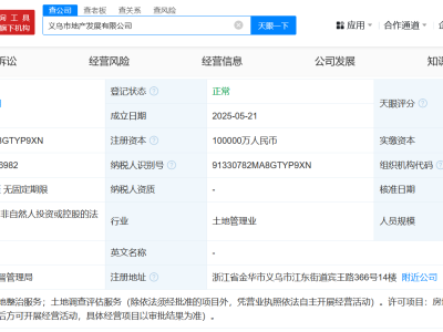 义乌市地产发展公司登记成立 注册资本10亿