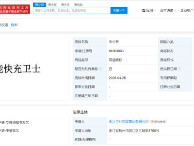吉利布局新能源，翼能快充卫士商标申请引关注