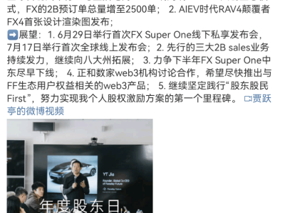 FFAI股东日成果丰硕：FX Super One获600台大单，未来规划引期待