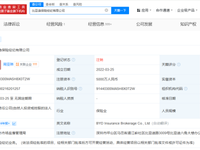 比亚迪保险经纪公司正式告别市场，注销流程圆满结束