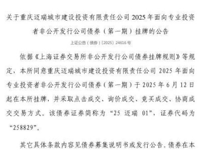 重庆迈瑞城投2025年首期私募债6月12日挂牌，证券代码258829