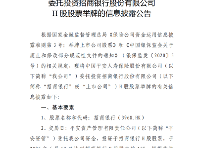 "平安人寿再出手！三次举牌招商银行H股，险资布局银行股热度不减"