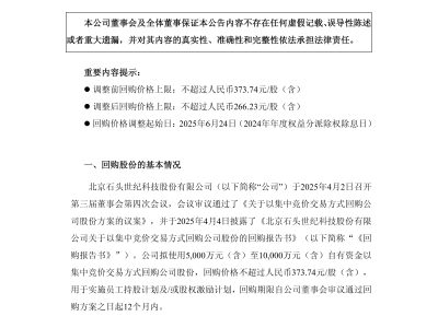 石头科技2024年度权益分派后，回购价格上限调整公告详情