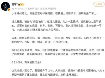 小米SU7 Ultra原型车再创佳绩，雷军豪言对标保时捷刷新纽北纪录
