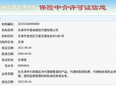 天津市环渤海保险代理有限公司将于2025年6月24日正式退出市场