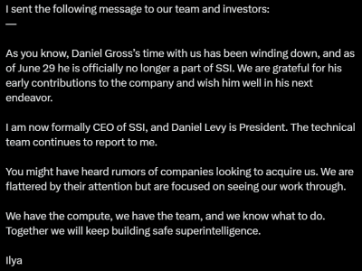 Ilya Sutskever接任CEO：Meta挖角Safe Superintelligence联创
