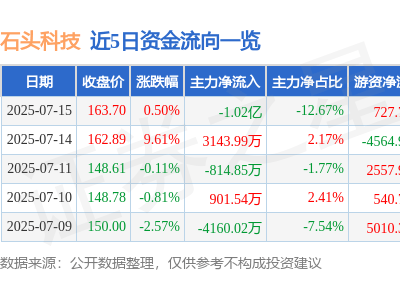 石头科技7月15日资金流向：主力净卖出超亿元，散户净买入近亿