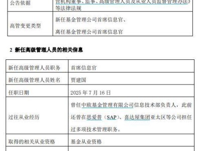 摩根基金中国换帅：贾建国新任CIO，卢蓉因私离职