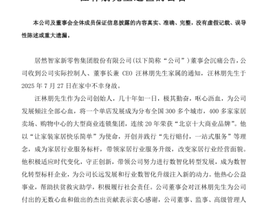 居然智家董事长汪林朋离世，公司运营正常王宁暂代董事长职务