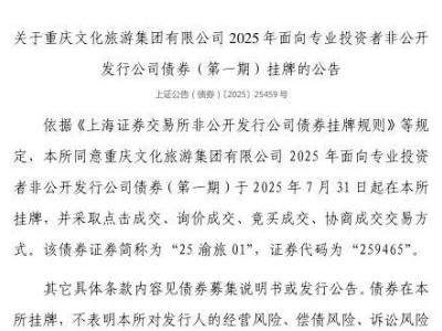 重庆文旅集团债券7月31日上交所挂牌，证券代码259465
