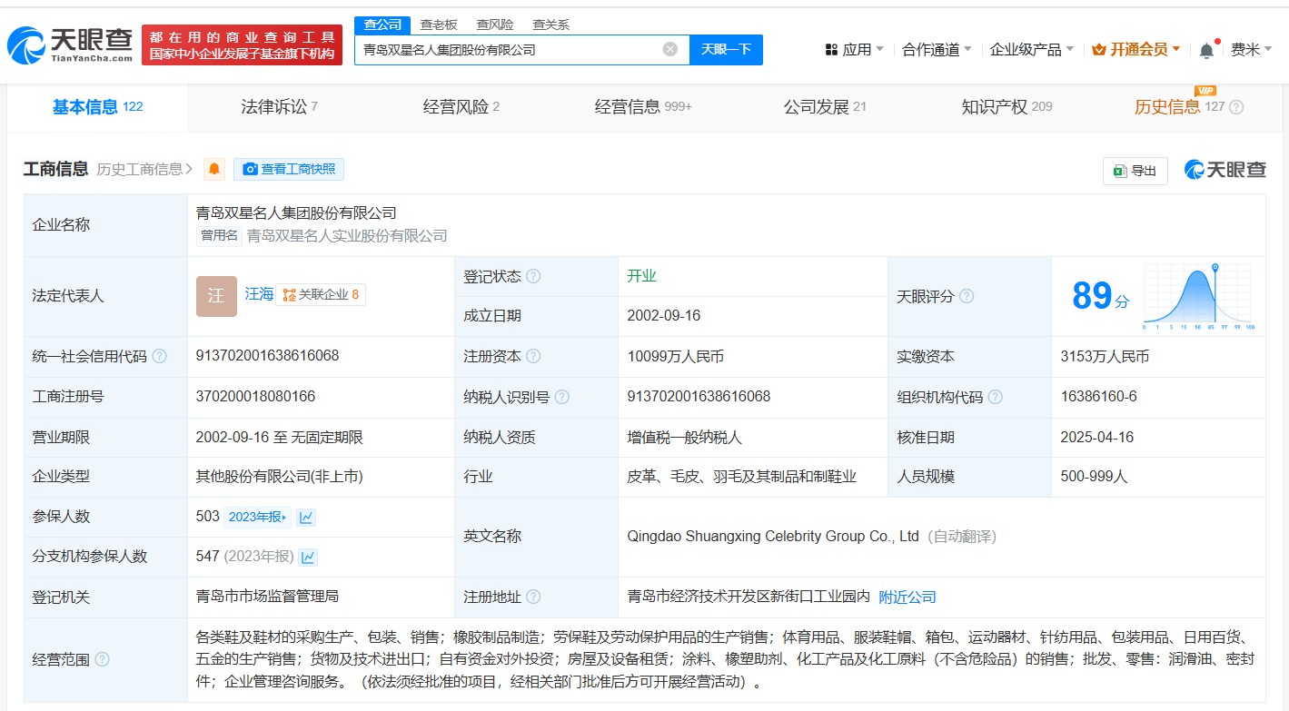 青岛双星名人集团股权结构