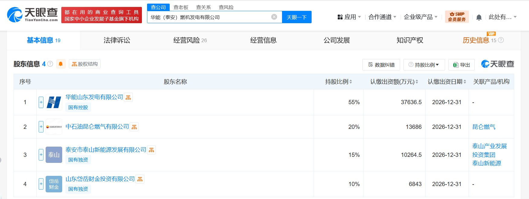 华能（泰安）燃机发电有限公司股东结构