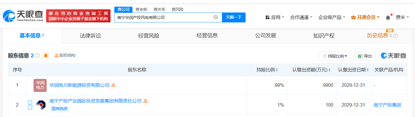 南宁华润产投风电有限公司股东信息