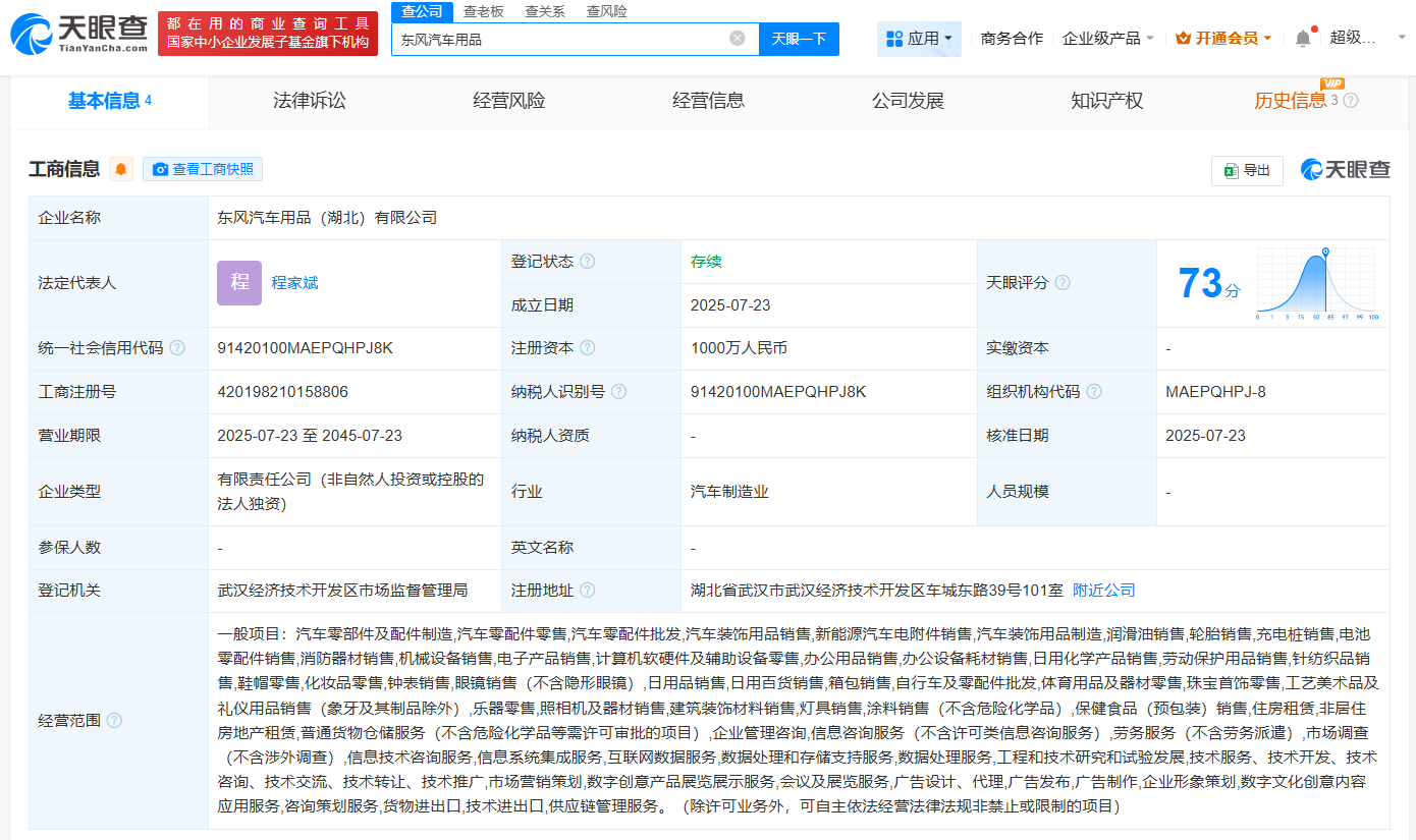 东风汽车等成立汽车用品公司  注册资本1000万
