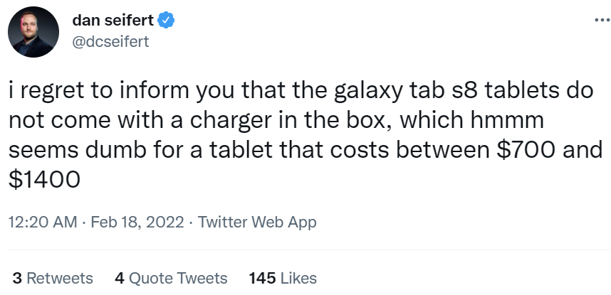 三星 Galaxy Tab S8没有配备充电器