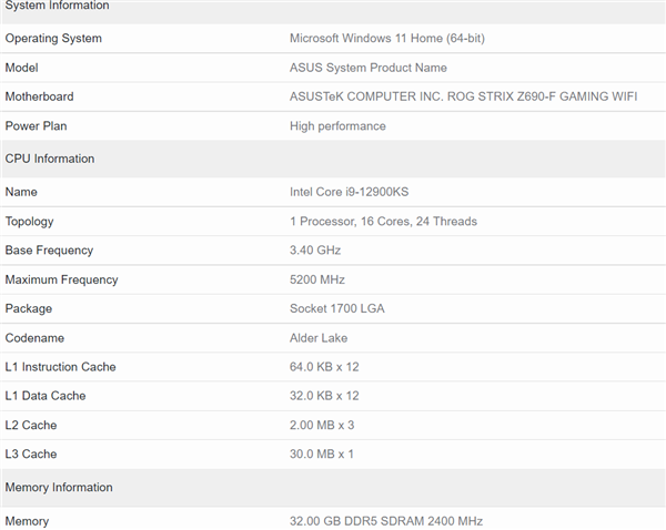 Intel 5.5GHz鸡血版i9-12900KS跑分首曝:单/多核都找不到对手