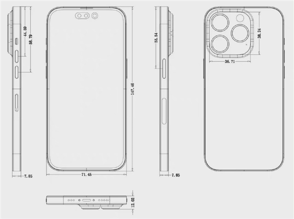 iPhone 14 Pro详细尺寸图曝光:比前代更厚、感叹号挖孔面积巨大