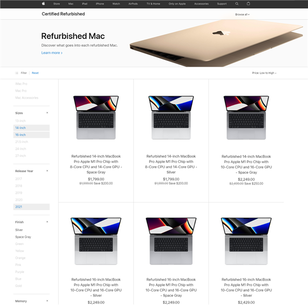 苹果M1 Pro/Max MacBook Pro翻新机首卖:可享一年保修