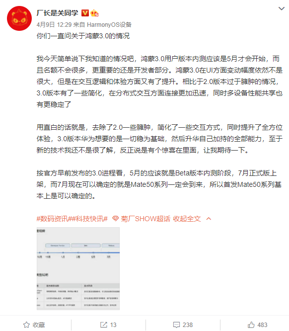 华为Mate 50系列首发!消息称鸿蒙3.0用户版5月内测