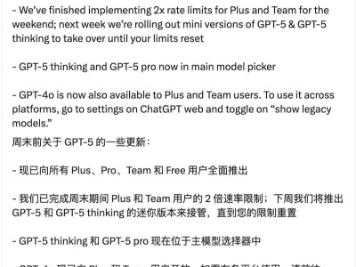 OpenAI全面推出GPT-5，Plus和Team用户享2倍速率，GPT-4o重新上线