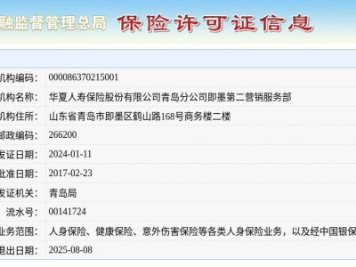 华夏人寿青岛分公司即墨第二营销部将于2025年8月退出市场