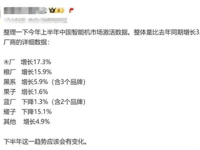 2025上半年手机激活量排行：华为小米领跑，苹果荣耀下滑明显