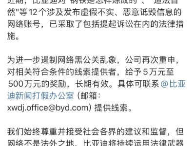 比亚迪重拳出击，12个恶意诋毁账号已遭法律制裁