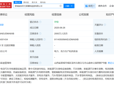 宁德时代携手伙伴晋城共创新能源企业，注册资本高达2000万