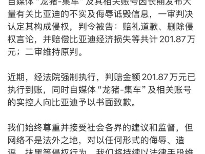 比亚迪胜诉，自媒体“龙猪-集车”赔偿201.87万元已执行到账