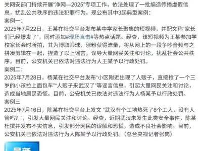 公安机关“净网—2025”行动：3起网络谣言案例公布，造谣者均被依法处罚