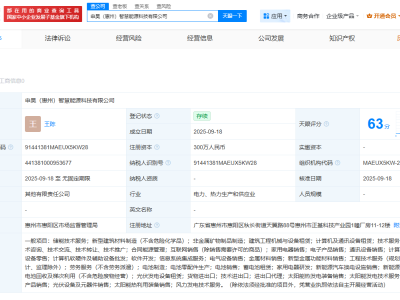 申昊科技等在惠州成立智慧能源科技公司  注册资本300万