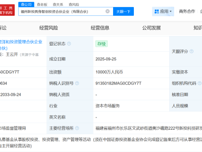 福州新区集团等成立具身智创投资合伙企业 出资额1亿