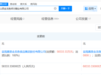 金龙鱼旗下梁汾醋业增资至约6.8亿 增幅约17%