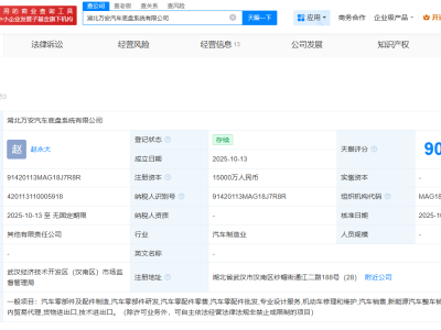 万安科技在湖北成立汽车底盘系统公司  注册资本1.5亿