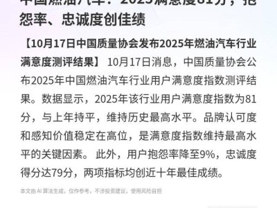 2025年中国燃油汽车行业：满意度维持高位，抱怨率下降忠诚度创新高