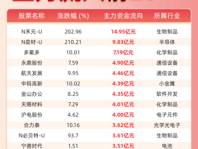 10月28日午间收盘：主力资金抢筹前20股，N禾元U与N奕材U成资金流入“领头羊”
