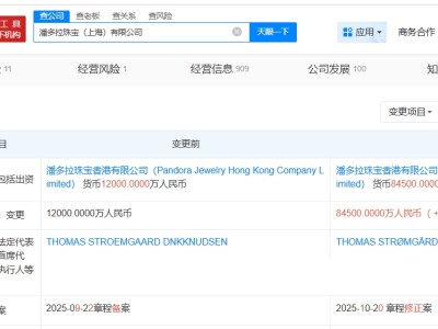 潘多拉珠宝上海公司增资至8.45亿 增幅约604%