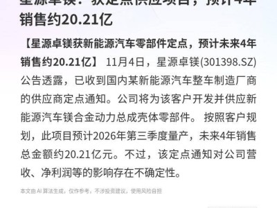 星源卓镁获新能源车企定点通知 2026年量产预计4年销售超20亿