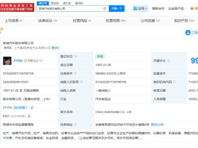 奇瑞汽车增资至约58.1亿 增幅约6%