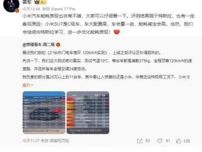 雷军回应小米SU7能耗质疑：C级车配置高能耗稍高，续航达成率表现强劲