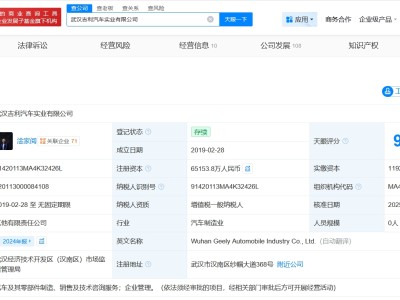 武汉吉利汽车实业公司增资至6.5亿 增幅约450%
