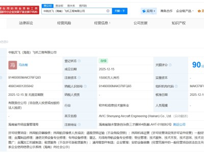 中航沈飞海南飞机工程公司登记成立 注册资本1.5亿