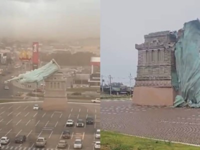 巴西巴西南里奥格兰德州：自由女神像复制品在强风中轰然倒塌 现场画面曝光