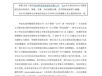 华谊兄弟股权变动：阿里创投及马云减持 持股比例跌破5%关口