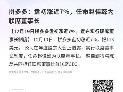 拼多多12月19日盘初涨近7% 宣布实行联席董事长制赵佳臻获任