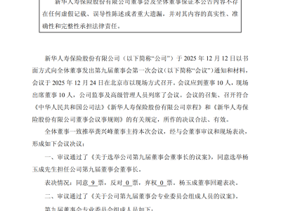 新华人寿董事会换新帅：杨玉成获选第九届董事长开启新征程